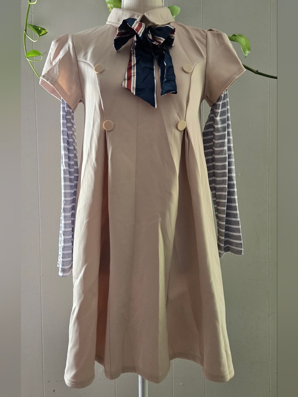 Meghan LA Beige Short-Sleeve Trench Dress with Navy Striped Bow